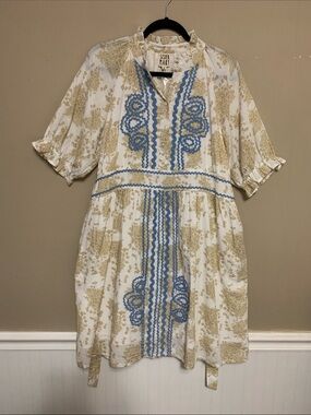 Sister Mary Ramona Women’s Natural Rose Print Blue Embroidery Medium Midi Dress